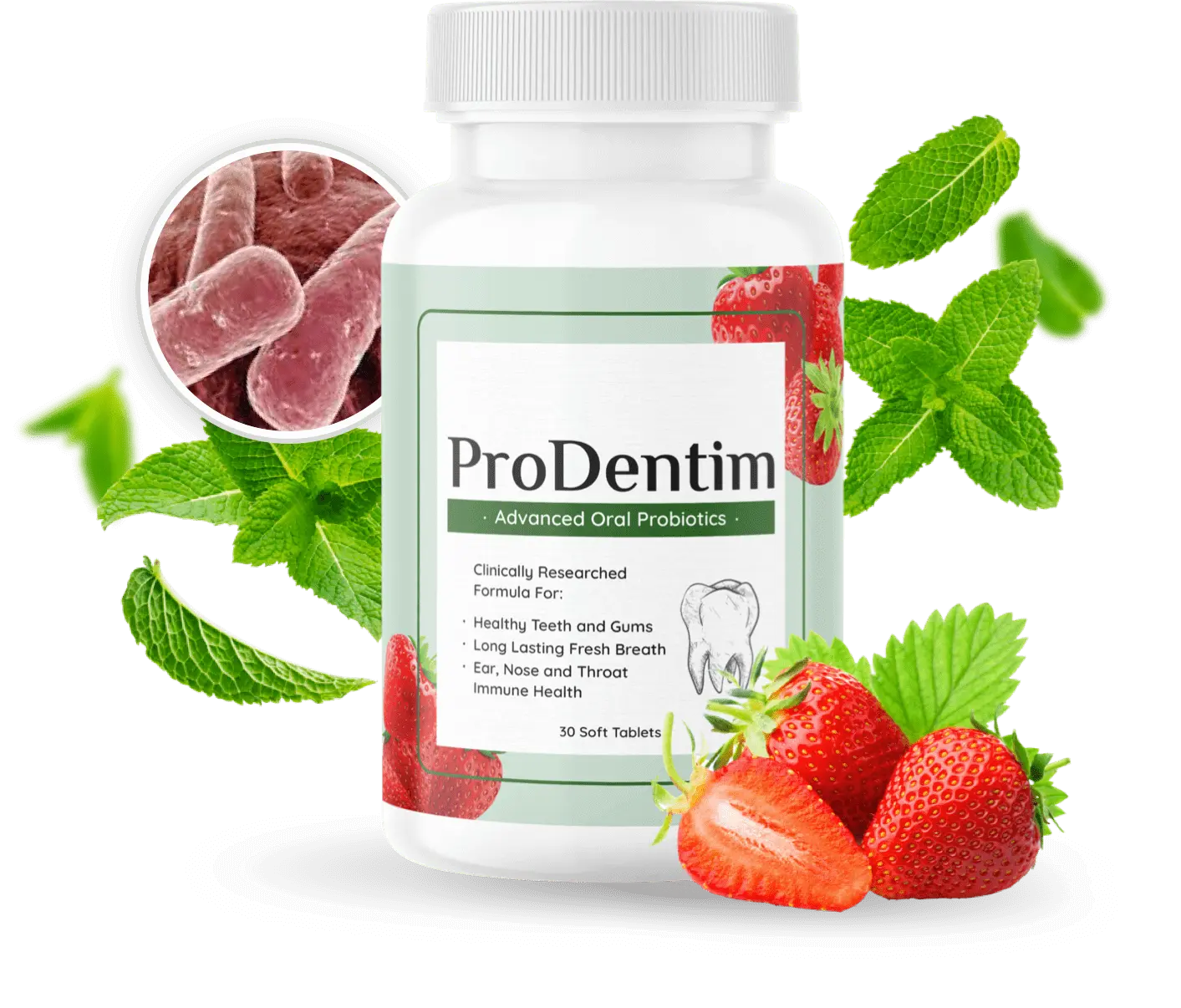 ProDentim probiotic bottle with mint leaves and strawberries